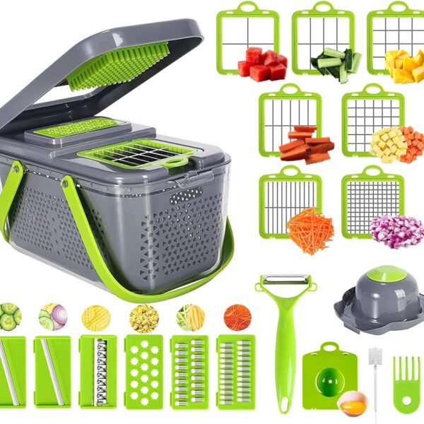 Hachoir à légumes 22 en 1 – Mandoline avec 13 lames en acier inoxydable et coupe-oignon multifonction